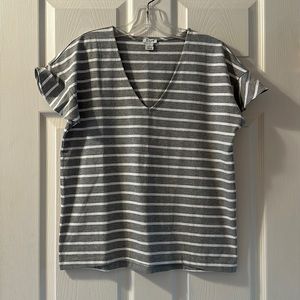 J. Crew grey and white striped shirt with ruffled shirt sleeves (M).